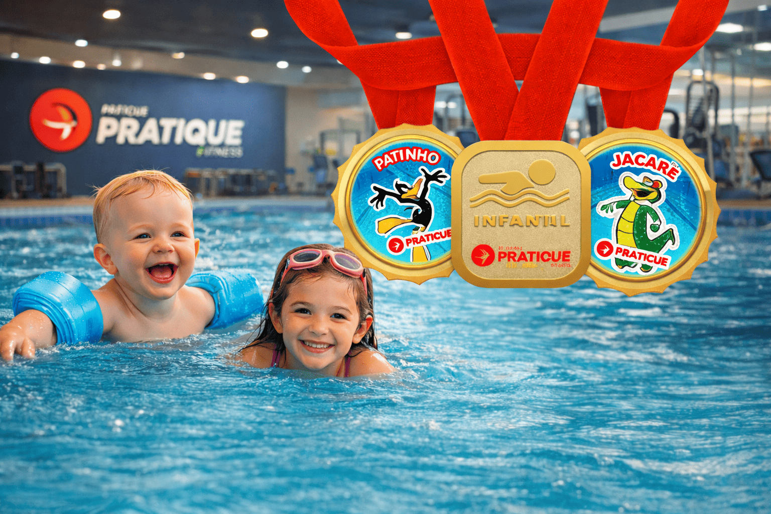 Medalhas e toucas do método de evolução da natação Pratique